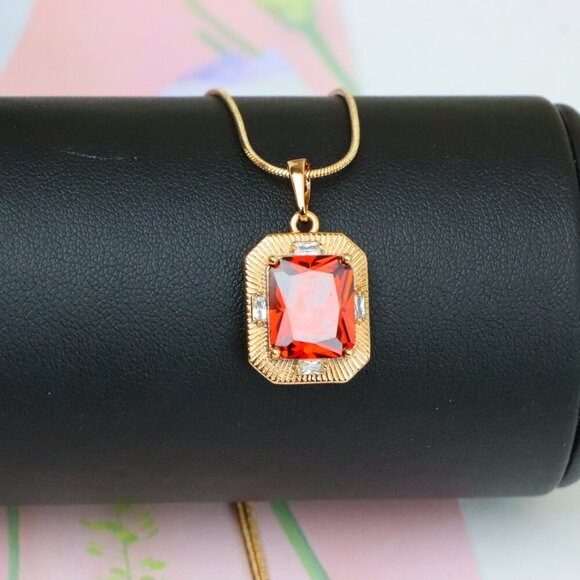 "Red Rectangle Pendant with Gold Frame and Sparkling Stone Accents, XPPT1787 - Picture 5 of 12